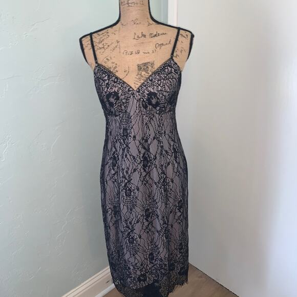Vintage Nicole Miller 2004 Black nude Lace Overlay Nude Slip Dress Y2K 90s 8 - Picture 2 of 15